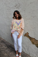 Easel OVERSIZED Heart and Love Patched Top in Peach