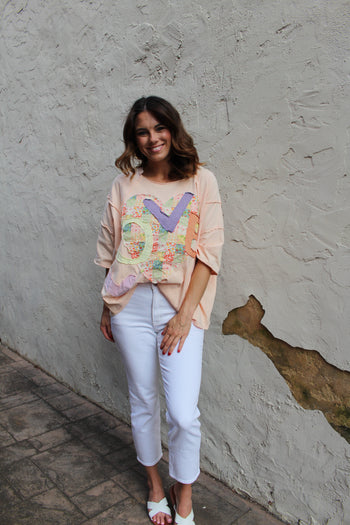 Easel OVERSIZED Heart and Love Patched Top in Peach