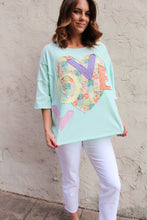 Load image into Gallery viewer, Easel OVERSIZED Heart and Love Patched Top in Mint Blue
