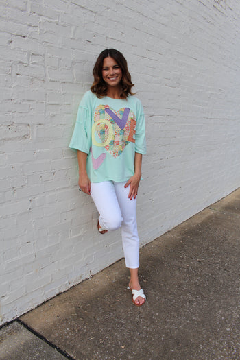 Easel OVERSIZED Heart and Love Patched Top in Mint Blue