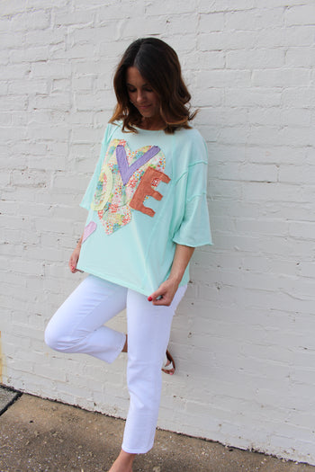 Easel OVERSIZED Heart and Love Patched Top in Mint Blue