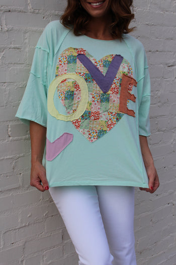 Easel OVERSIZED Heart and Love Patched Top in Mint Blue