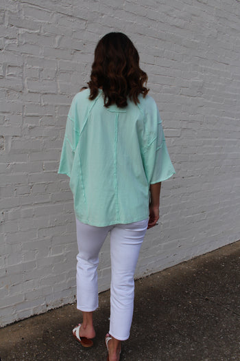 Easel OVERSIZED Heart and Love Patched Top in Mint Blue