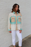 POL OVERSIZED Knit and Crochet Button Down Top in Aqua Teal