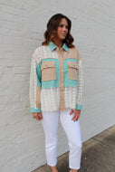 POL OVERSIZED Knit and Crochet Button Down Top in Aqua Teal