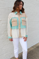 POL OVERSIZED Knit and Crochet Button Down Top in Aqua Teal