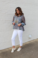 POL OVERSIZED Front Jacquard Star Patched Hooded Jacket in Floral Denim Multi