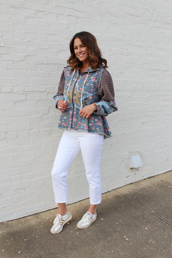 POL OVERSIZED Front Jacquard Star Patched Hooded Jacket in Floral Denim Multi