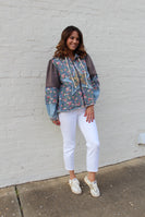 POL OVERSIZED Front Jacquard Star Patched Hooded Jacket in Floral Denim Multi