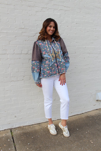 POL OVERSIZED Front Jacquard Star Patched Hooded Jacket in Floral Denim Multi