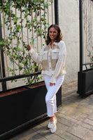 POL Open Knit Eyelet Lace Top with 3D Flowers and Pearls Rhinestone Embellishments in Mocha/Cream