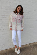 POL OVERSIZED Knit and Crochet Button Down Top in Grey Lilac