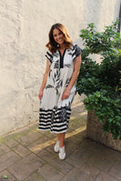 Umgee Two Toned Striped and Tropical Floral Print Midi Dress in Black