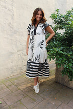 Load image into Gallery viewer, Umgee Two Toned Striped and Tropical Floral Print Midi Dress in Black
