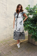 Umgee Two Toned Striped and Tropical Floral Print Midi Dress in Black