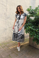 Umgee Two Toned Striped and Tropical Floral Print Midi Dress in Black