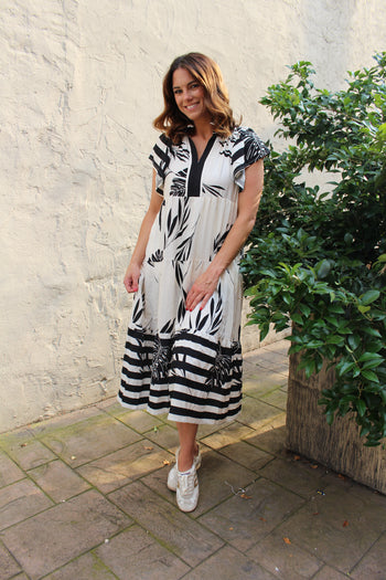 Umgee Two Toned Striped and Tropical Floral Print Midi Dress in Black