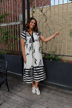 Load image into Gallery viewer, Umgee Two Toned Striped and Tropical Floral Print Midi Dress in Black
