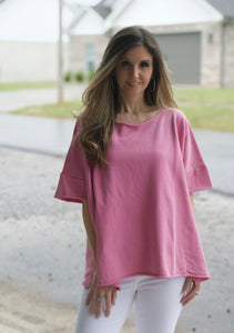 Easel Solid Color Terry Knit Top with Raw Cut Details in Malibu Pink Shirts & Tops Easel   