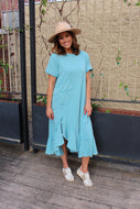 Easel Solid Color Knit Maxi Dress with Daisy Patches in Aqua Blue