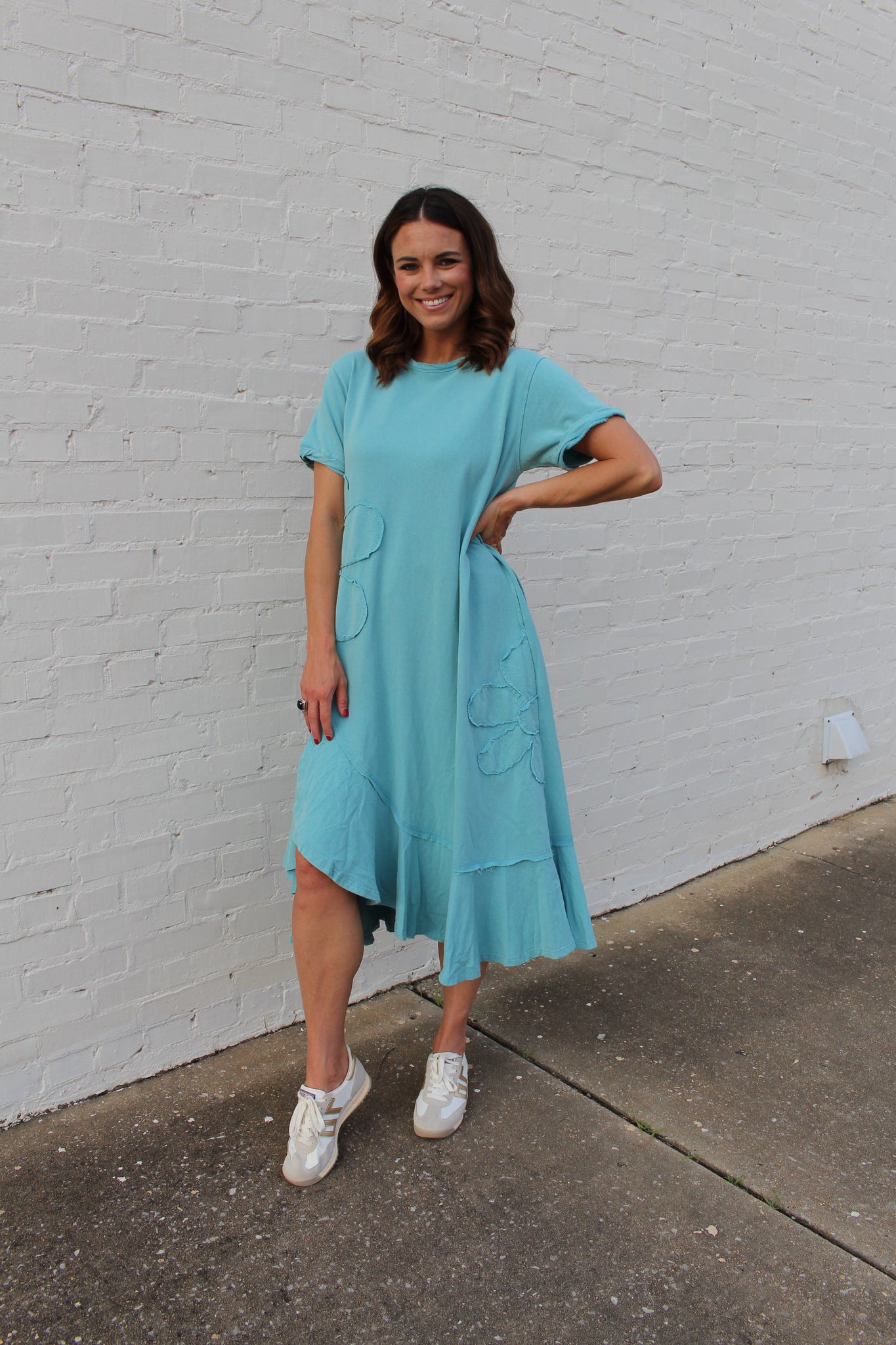 Easel Solid Color Knit Maxi Dress with Daisy Patches in Aqua Blue S Easel Solid Color Knit Maxi Dress with Daisy Patches in Aqua Blue S
