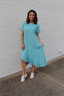 Easel Solid Color Knit Maxi Dress with Daisy Patches in Aqua Blue