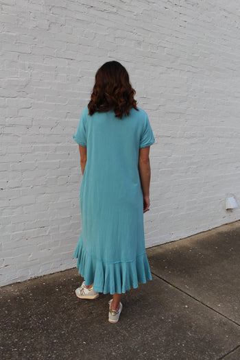 Easel Solid Color Knit Maxi Dress with Daisy Patches in Aqua Blue
