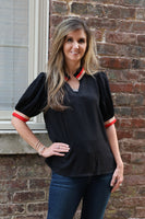 Jodifl Lightweight Solid Color Top with Contrasting Stripe Accents in Black