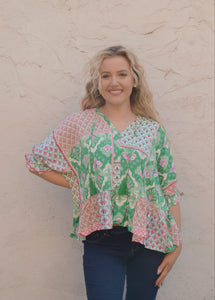 Umgee Mixed Print Boxy Cut Top in Green Shirts & Tops Umgee   