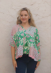 Umgee Mixed Print Boxy Cut Top in Green Shirts & Tops Umgee   