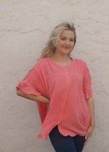 Easel Cotton Gauze Woven Button Down Top in Coral Shirts & Tops Easel   