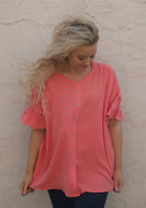 Easel Cotton Gauze Woven Button Down Top in Coral Shirts & Tops Easel   