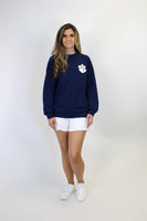 Tres Bien Cloudy Knit Top with Small Paw Print Front and TIGERS on Back in Navy