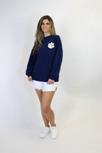 Load image into Gallery viewer, Tres Bien Cloudy Knit Top with Small Paw Print Front and TIGERS on Back in Navy
