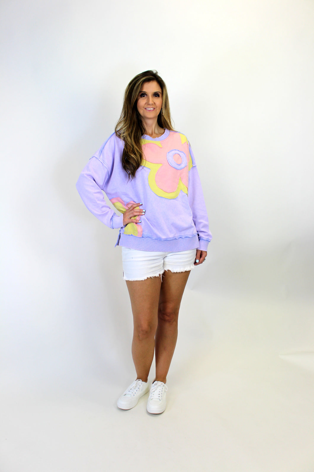Easel Terry Knit Sweatshirt with Large Flower Patch in Lilac Blue