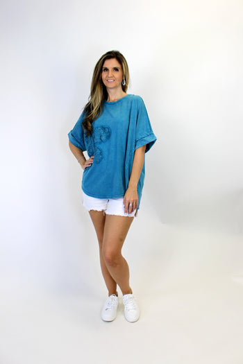 Easel Mineral Washed Lace Flower Patch Top in Teal