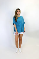 Easel Mineral Washed Lace Flower Patch Top in Teal
