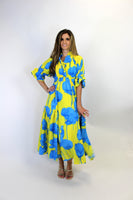 Umgee Vibrant Floral Print Maxi Dress in Blue/Lime