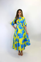 Umgee Vibrant Floral Print Maxi Dress in Blue/Lime