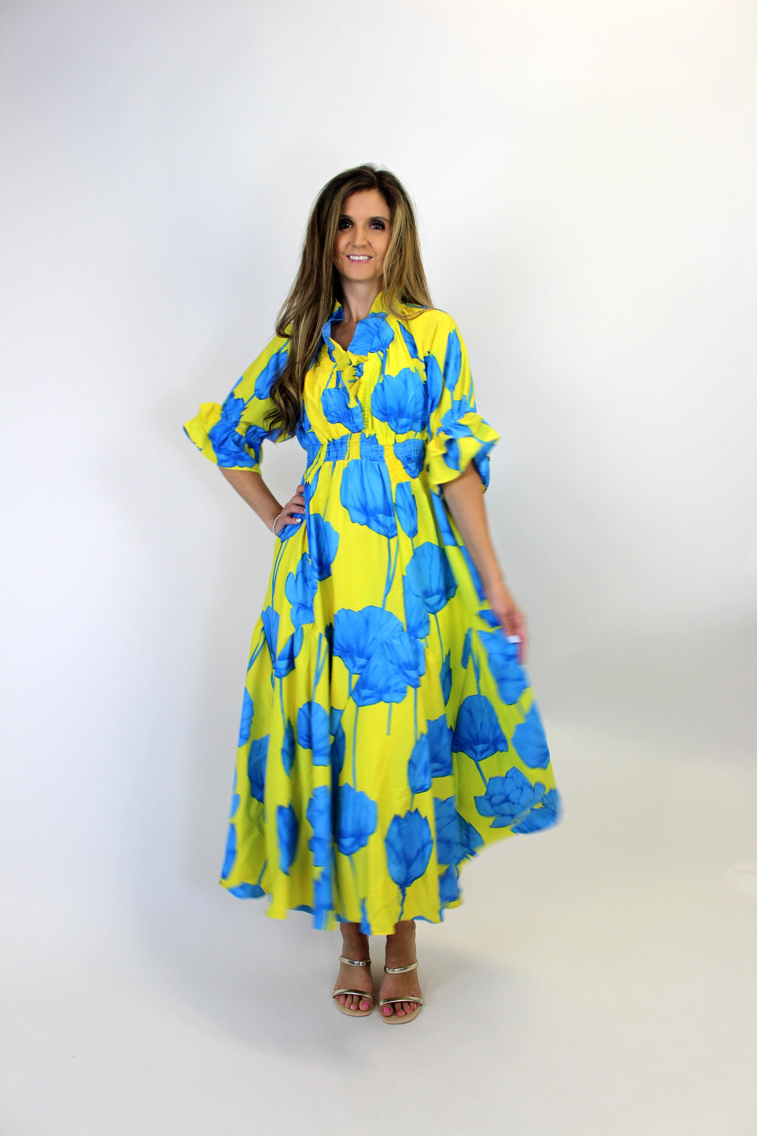 Umgee Vibrant Floral Print Maxi Dress in Blue/Lime