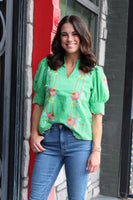 THML Burnout Checkered Top with Stitching and Floral Embroidery Details in Green
