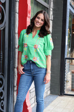 Load image into Gallery viewer, THML Burnout Checkered Top with Stitching and Floral Embroidery Details in Green
