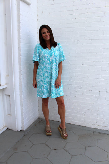 VOY Abstract Print Knit Dress in Blue