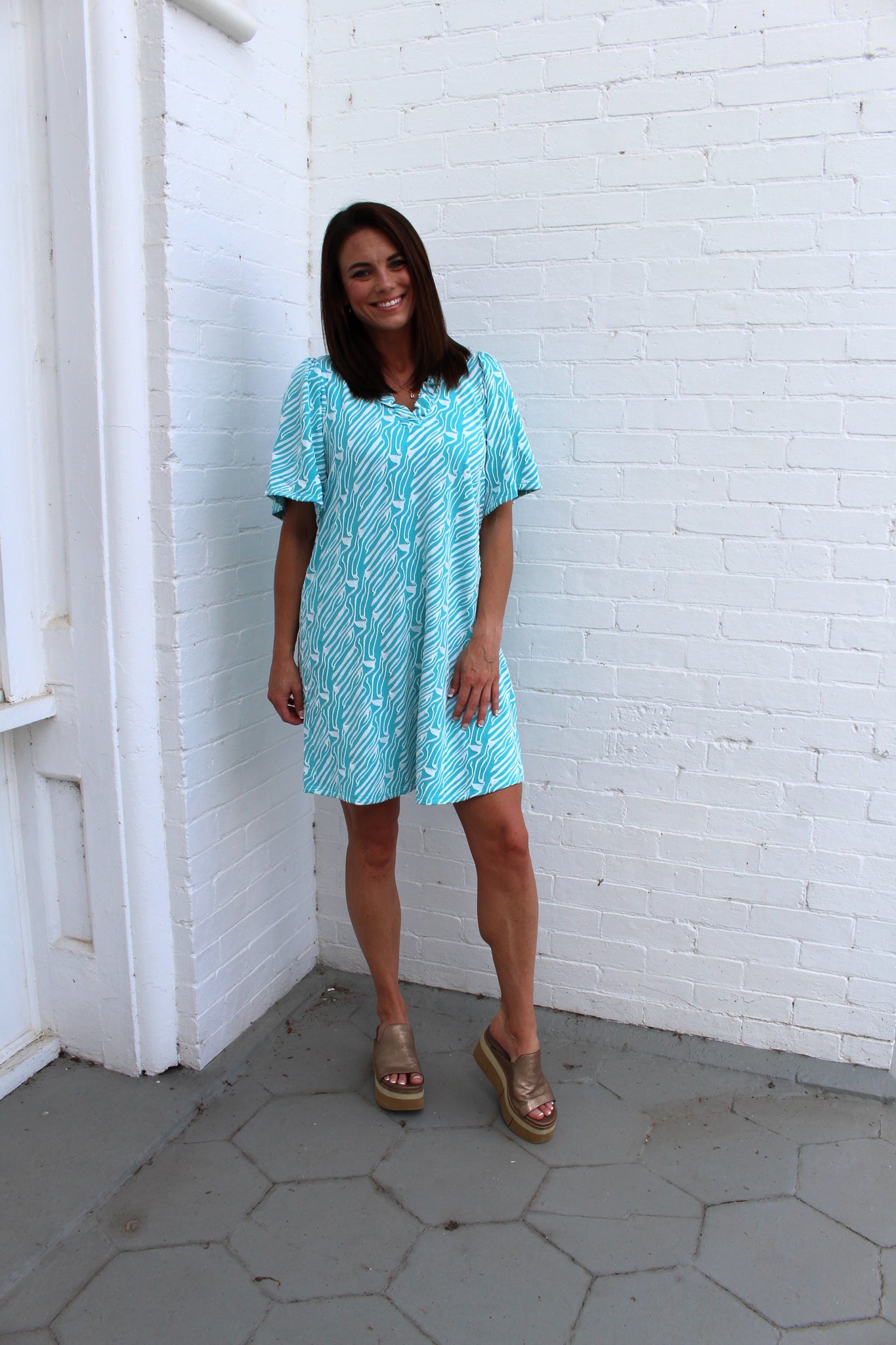 VOY Abstract Print Knit Dress in Blue S VOY Abstract Print Knit Dress in Blue S