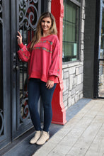 Load image into Gallery viewer, Easel Terry Knit Top with Floral Print Gauze Stripes in Boho Red
