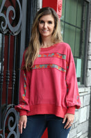 Easel Terry Knit Top with Floral Print Gauze Stripes in Boho Red