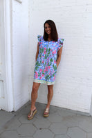 Umgee Garden Bloom Half Zip Dress in Blue Mix