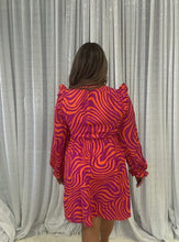 Load image into Gallery viewer, Jodifl Two Toned Abstract Print Smocked Bodice Dress in Hot Pink/Orange

