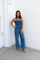 Klesis Smocked Top with Ruffles Jumpsuit in Denim