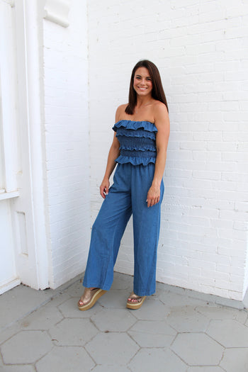 Klesis Smocked Top with Ruffles Jumpsuit in Denim